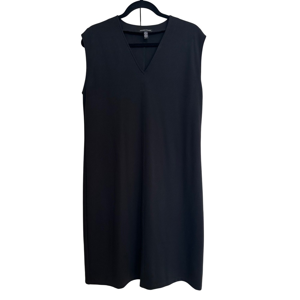 Eileen Fisher Black V-Neck Sleeveless Shift Dress Lyocell Stretch Small‎